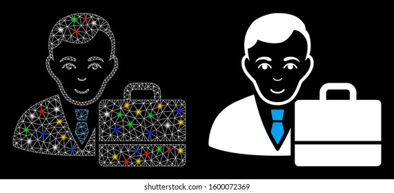 Flare mesh accounter icon with sparkle effect. Abstract illuminated model of accounter. Shiny wire frame polygonal mesh accounter icon. Vector abstraction on a black background.
