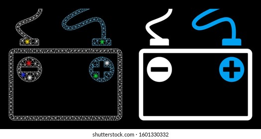 Flare mesh accumulator battery icon with lightspot effect. Abstract illuminated model of accumulator battery. Shiny wire carcass polygonal mesh accumulator battery icon.