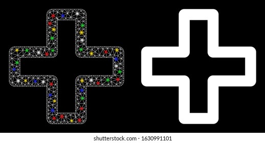 Flare mesh add icon with glitter effect. Abstract illuminated model of add. Shiny wire carcass triangular mesh add icon. Vector abstraction on a black background.