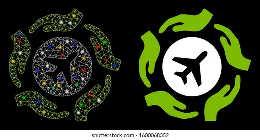 Flare mesh aircraft care hands icon with glow effect. Abstract illuminated model of aircraft care hands. Shiny wire frame polygonal mesh aircraft care hands icon.