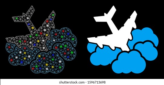 Flare mesh aircraft falls into clouds icon with glow effect. Abstract illuminated model of aircraft falls into clouds. Shiny wire carcass triangular mesh aircraft falls into clouds icon.
