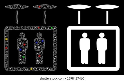 Flare mesh airdrone elevator icon with lightspot effect. Abstract illuminated model of airdrone elevator. Shiny wire frame triangular network airdrone elevator icon.