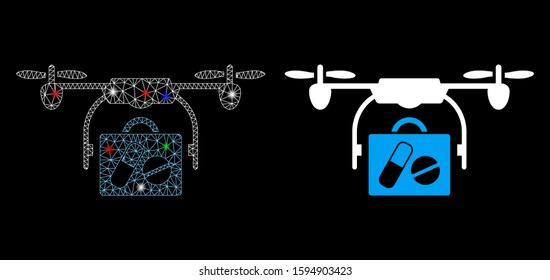 Flare Mesh Airdrone Pharmacy Delivery Icon With Glare Effect. Abstract Illuminated Model Of Airdrone Pharmacy Delivery. Shiny Wire Frame Triangular Mesh Airdrone Pharmacy Delivery Icon.