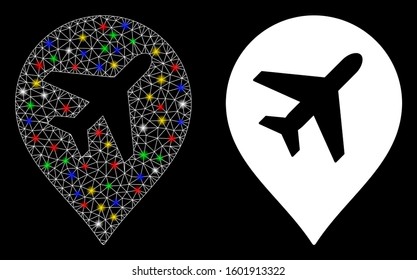 Flare mesh airplane icon with glare effect. Abstract illuminated model of airplane. Shiny wire frame polygonal mesh airplane icon. Vector abstraction on a black background.