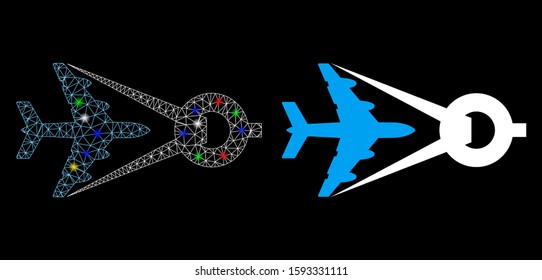Flare mesh airplane project icon with glow effect. Abstract illuminated model of airplane project. Shiny wire carcass polygonal mesh airplane project icon. Vector abstraction on a black background.