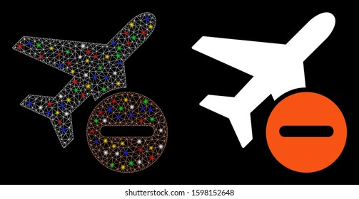 Flare mesh airplane restricted icon with lightspot effect. Abstract illuminated model of airplane restricted. Shiny wire carcass triangular mesh airplane restricted icon.