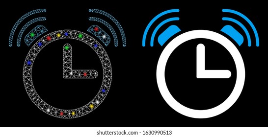 Flare mesh alarm clock icon with lightspot effect. Abstract illuminated model of alarm clock. Shiny wire carcass polygonal mesh alarm clock icon. Vector abstraction on a black background.