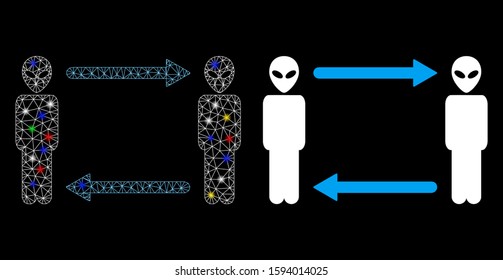 Flare mesh alien exchange arrows icon with glitter effect. Abstract illuminated model of alien exchange arrows. Shiny wire carcass triangular mesh alien exchange arrows icon.