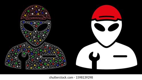 Flare mesh alien serviceman icon with glow effect. Abstract illuminated model of alien serviceman. Shiny wire frame polygonal mesh alien serviceman icon. Vector abstraction on a black background.