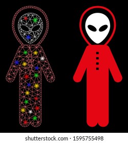 Flare mesh alien space suit icon with glitter effect. Abstract illuminated model of alien space suit. Shiny wire carcass polygonal mesh alien space suit icon. Vector abstraction on a black background.