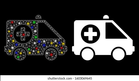 Flare mesh ambulance van icon with lightspot effect. Abstract illuminated model of ambulance van. Shiny wire carcass polygonal mesh ambulance van icon. Vector abstraction on a black background.