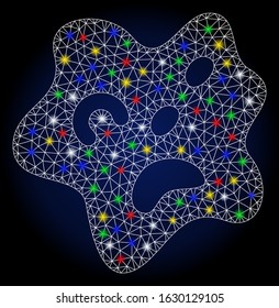 Flare mesh amoeba with glitter effect. Abstract illuminated model of amoeba. Shiny wire frame polygonal mesh amoeba icon. Vector abstraction on a dark blue gradient background.
