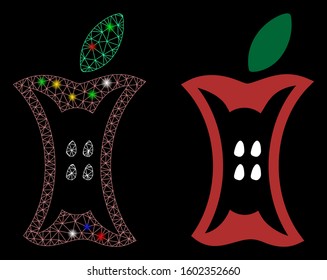 Flare mesh apple stump icon with glow effect. Abstract illuminated model of apple stump. Shiny wire frame triangular network apple stump icon. Vector abstraction on a black background.