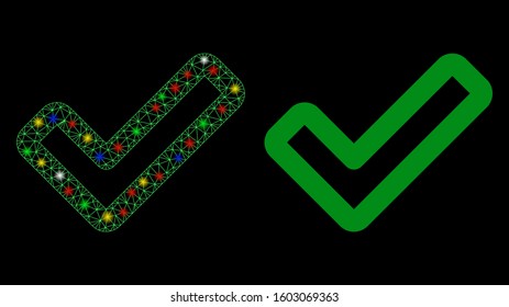 Flare mesh apply tick icon with glitter effect. Abstract illuminated model of apply tick. Shiny wire carcass triangular mesh apply tick icon. Vector abstraction on a black background.