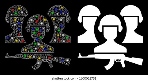 Flare mesh army icon with glare effect. Abstract illuminated model of army. Shiny wire carcass polygonal mesh army icon. Vector abstraction on a black background.