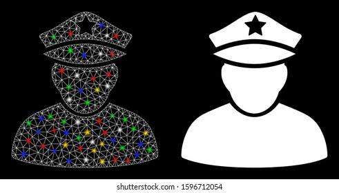 Flare mesh army sergeant icon with lightspot effect. Abstract illuminated model of army sergeant. Shiny wire carcass triangular mesh army sergeant icon. Vector abstraction on a black background.