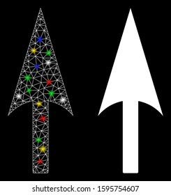 Flare mesh arrow axis y icon with glare effect. Abstract illuminated model of arrow axis y. Shiny wire carcass triangular mesh arrow axis y icon. Vector abstraction on a black background.