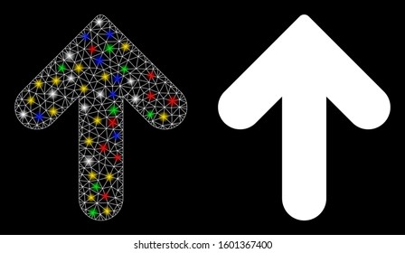 Flare mesh arrow up icon with sparkle effect. Abstract illuminated model of arrow up. Shiny wire carcass triangular mesh arrow up icon. Vector abstraction on a black background.