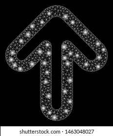 Flare mesh up arrow with sparkle effect. Abstract illuminated model of up arrow icon. Shiny wire carcass polygonal mesh up arrow. Vector abstraction on a black background.