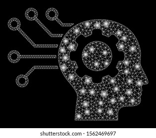 Flare mesh artificial mind with glow effect. Abstract illuminated model of artificial mind icon. Shiny wire frame polygonal mesh artificial mind. Vector abstraction on a black background.