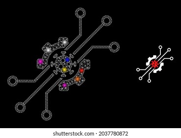 Flare mesh artificial virus glare icon with light spots. Illuminated vector model based on artificial virus picture. Sparkle carcass mesh artificial virus on a black background.