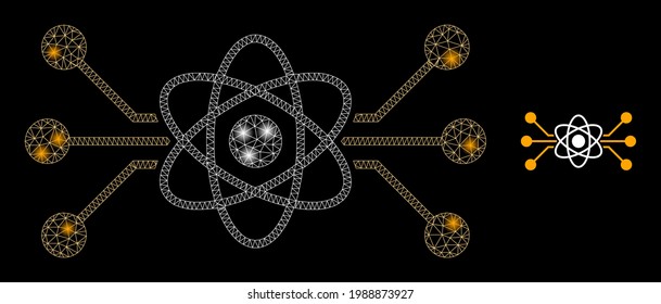Flare mesh atomic circuit with glowing spots. Vector frame created from atomic circuit icon. Illuminated frame mesh atomic circuit on a black background.