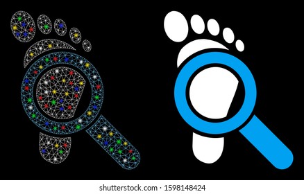 Flare mesh audit icon with lightspot effect. Abstract illuminated model of audit. Shiny wire carcass polygonal mesh audit icon. Vector abstraction on a black background.