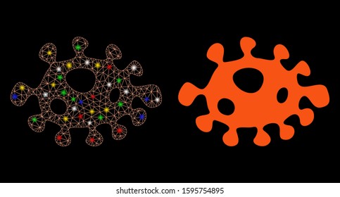 Flare mesh bacteria icon with glow effect. Abstract illuminated model of bacteria. Shiny wire frame polygonal mesh bacteria icon. Vector abstraction on a black background.