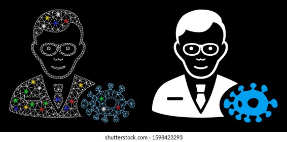 Flare mesh bacteriologist icon with glare effect. Abstract illuminated model of bacteriologist. Shiny wire carcass triangular mesh bacteriologist icon. Vector abstraction on a black background.
