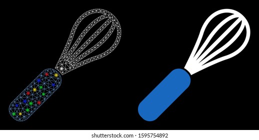 Flare mesh baking beater icon with glare effect. Abstract illuminated model of baking beater. Shiny wire frame triangular network baking beater icon. Vector abstraction on a black background.