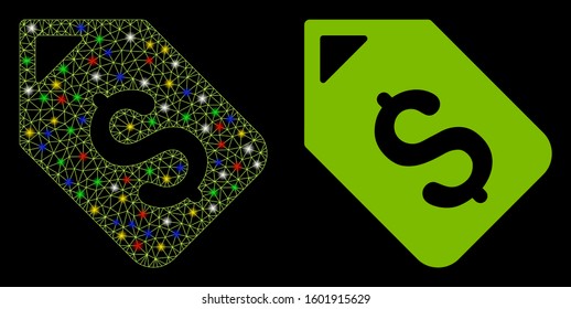 Flare mesh bank account tag icon with sparkle effect. Abstract illuminated model of bank account tag. Shiny wire carcass triangular mesh bank account tag icon.