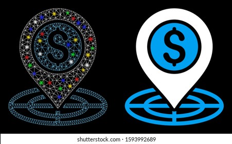 Flare mesh bank location icon with sparkle effect. Abstract illuminated model of bank location. Shiny wire carcass polygonal mesh bank location icon. Vector abstraction on a black background.