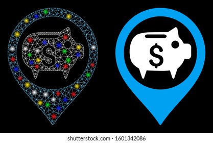 Flare mesh bank map marker icon with glow effect. Abstract illuminated model of bank map marker. Shiny wire carcass triangular mesh bank map marker icon. Vector abstraction on a black background.
