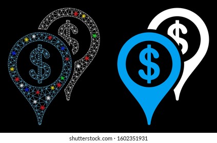 Flare mesh bank map markers icon with glow effect. Abstract illuminated model of bank map markers. Shiny wire frame polygonal mesh bank map markers icon. Vector abstraction on a black background.