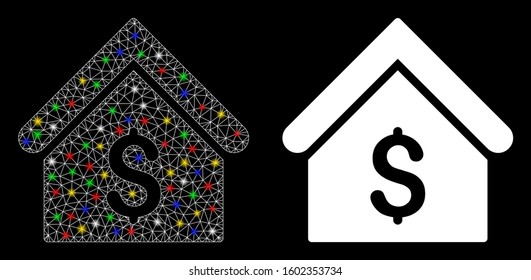 Flare mesh bank office icon with lightspot effect. Abstract illuminated model of bank office. Shiny wire carcass polygonal mesh bank office icon. Vector abstraction on a black background.