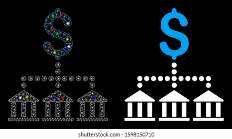 Flare mesh bank scheme icon with glare effect. Abstract illuminated model of bank scheme. Shiny wire frame triangular network bank scheme icon. Vector abstraction on a black background.