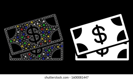 Flare mesh banknotes icon with sparkle effect. Abstract illuminated model of banknotes. Shiny wire carcass triangular mesh banknotes icon. Vector abstraction on a black background.