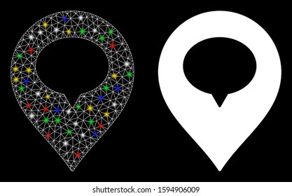Flare mesh banner marker icon with glare effect. Abstract illuminated model of banner marker. Shiny wire frame triangular mesh banner marker icon. Vector abstraction on a black background.