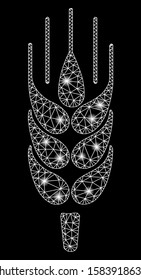 Flare mesh barley ear with lightspot effect. Abstract illuminated model of barley ear icon. Shiny wire frame triangular mesh barley ear. Vector abstraction on a black background.