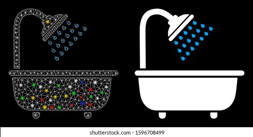 Flare mesh bath shower icon with lightspot effect. Abstract illuminated model of bath shower. Shiny wire carcass polygonal mesh bath shower icon. Vector abstraction on a black background.