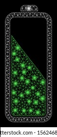 Flare mesh battery level with sparkle effect. Abstract illuminated model of battery level icon. Shiny wire carcass polygonal mesh battery level. Vector abstraction on a black background.
