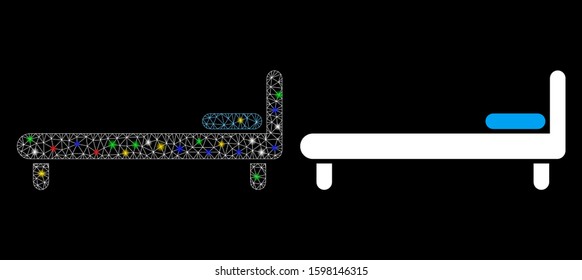 Flare mesh bed icon with glitter effect. Abstract illuminated model of bed. Shiny wire carcass polygonal mesh bed icon. Vector abstraction on a black background.