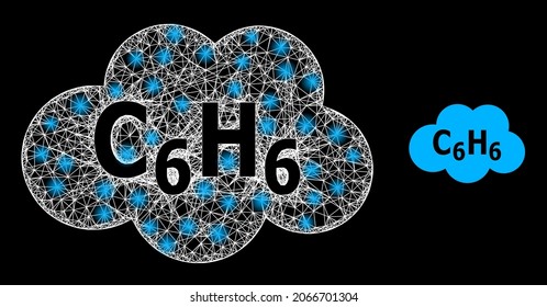 Flare mesh benzene cloud with glowing spots. Linear carcass 2D mesh generated with crossing white lines and benzene cloud icon.