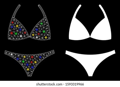 Flare mesh bikini icon with glare effect. Abstract illuminated model of bikini. Shiny wire frame polygonal mesh bikini icon. Vector abstraction on a black background.