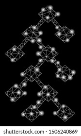 Flare mesh binary tree with glare effect. Abstract illuminated model of binary tree icon. Shiny wire frame triangular mesh binary tree. Vector abstraction on a black background.