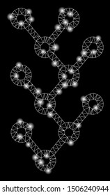 Flare mesh binary tree with glow effect. Abstract illuminated model of binary tree icon. Shiny wire frame triangular network binary tree. Vector abstraction on a black background.