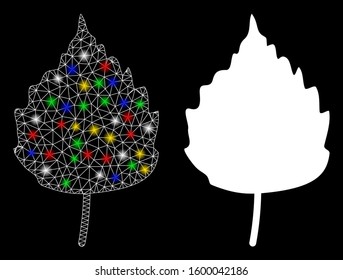 Flare mesh birch leaf icon with sparkle effect. Abstract illuminated model of birch leaf. Shiny wire carcass triangular mesh birch leaf icon. Vector abstraction on a black background.