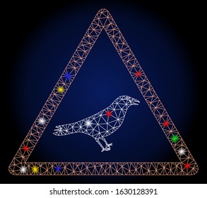 Flare mesh bird warning with glow effect. Abstract illuminated model of bird warning. Shiny wire carcass triangular mesh bird warning icon. Vector abstraction on a dark blue gradient background.