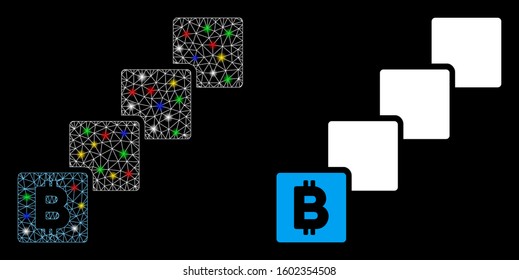 Flare mesh Bitcoin blockchain icon with lightspot effect. Abstract illuminated model of Bitcoin blockchain. Shiny wire frame polygonal network Bitcoin blockchain icon.
