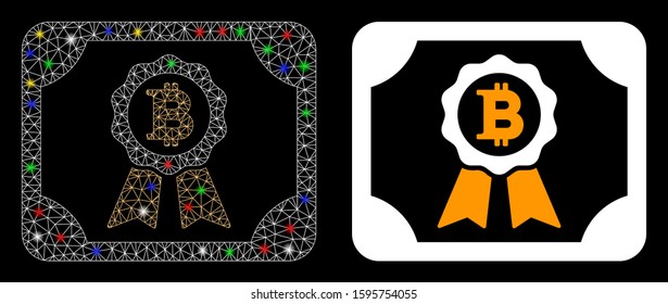 Flare mesh Bitcoin certificate icon with glare effect. Abstract illuminated model of Bitcoin certificate. Shiny wire frame polygonal mesh Bitcoin certificate icon.